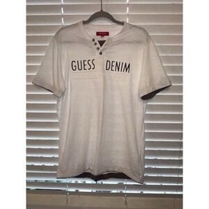 GUESS Henley Shirt Men Lg White  GUESS DENIM Y2k Spellout